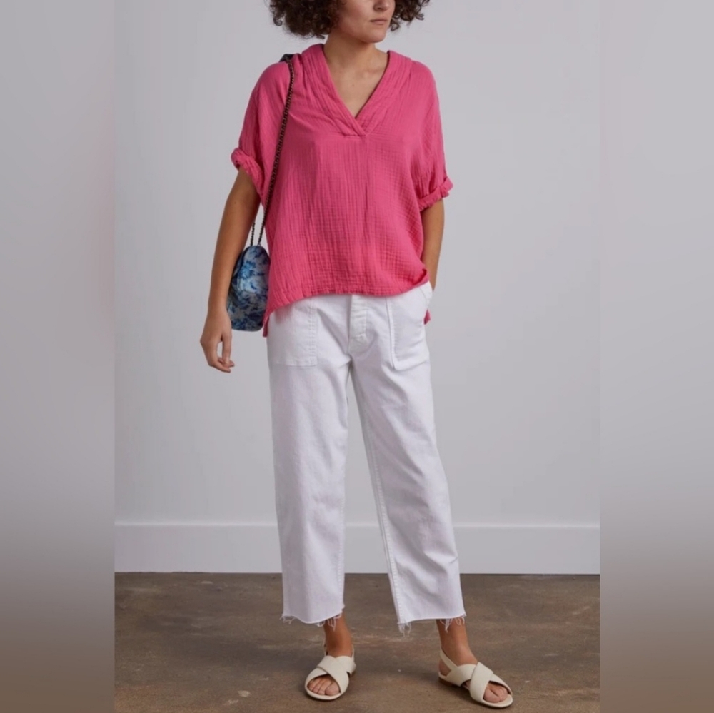 Xirena Pink Red Avery Split Neck Cotton Gauze Short Sleeve Top Size Small